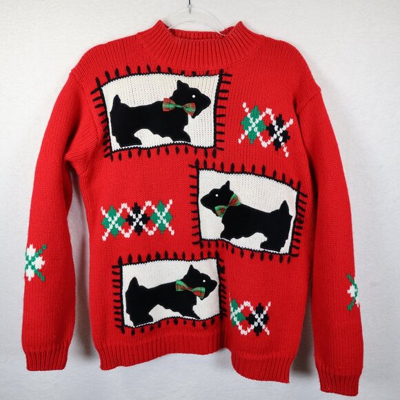 Karen Scott Vintage Sweater Size L Pullover Crewneck Red Scottie Dog Christmas - Picture 2 of 7